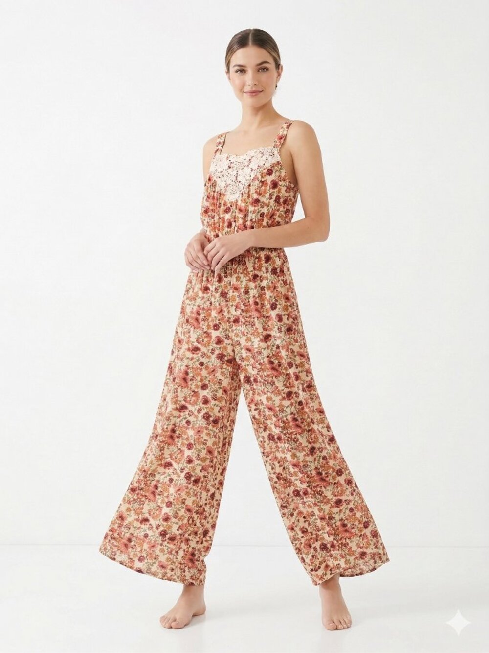Cure Jumpsuit Pink Red Floral Boho Crochet Sleeveless Wide Leg L NWT